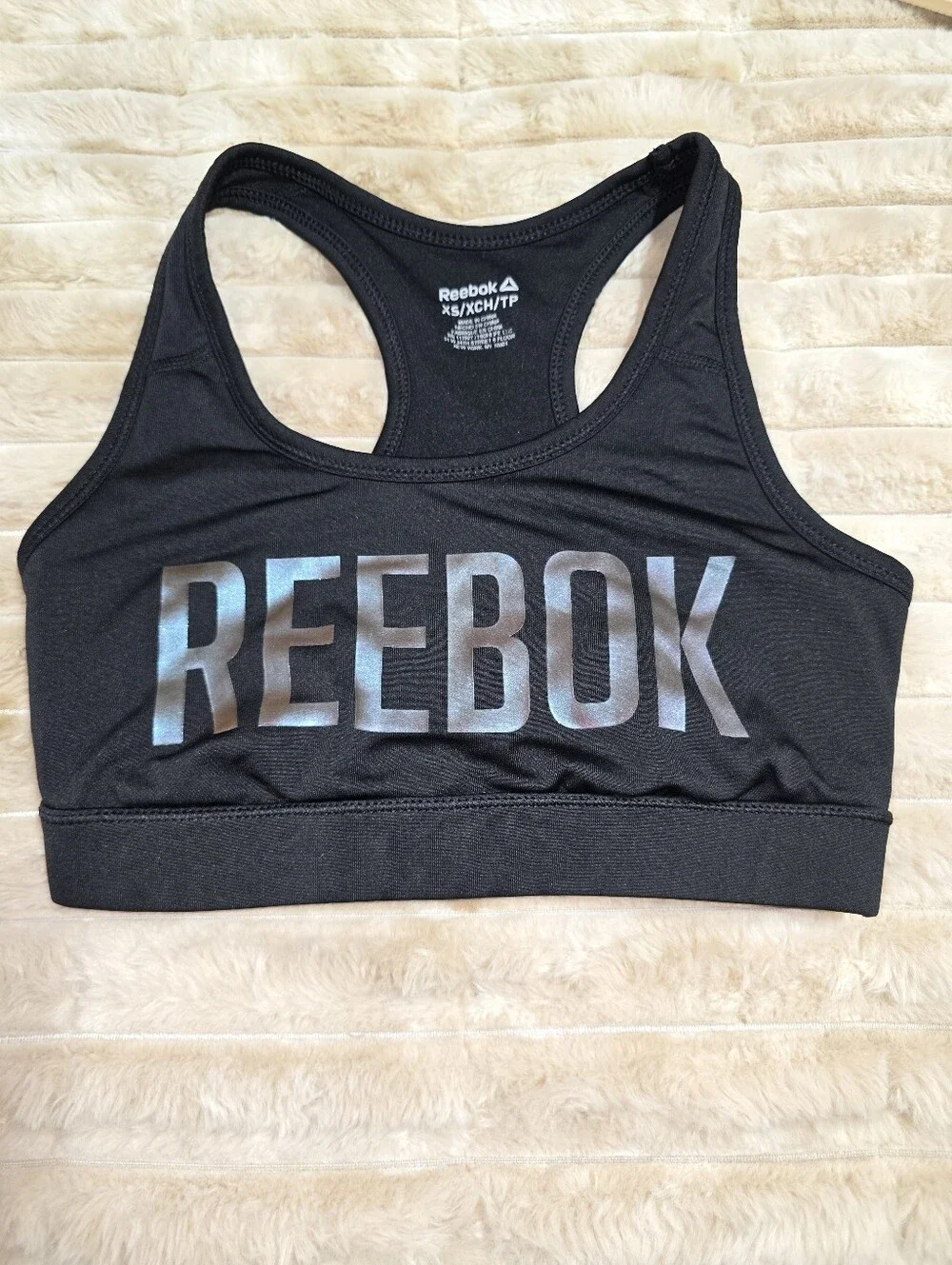 2 Reebok Women's Black Sports Bra 1 with Iridescent Logo 1 Plain